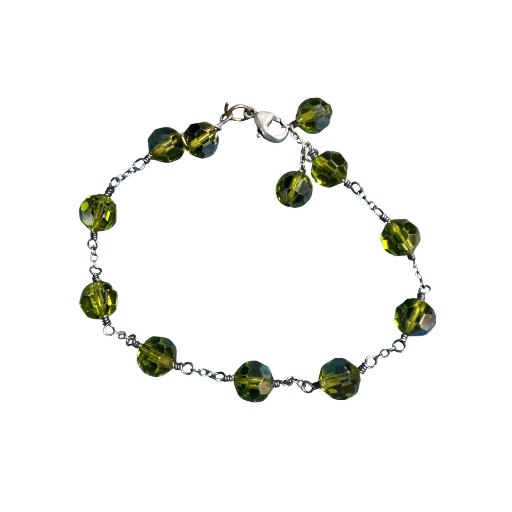 Green Faceted Glass Beaded Bracelet Sterling Silver 925 Clasp Wire Linked 7"